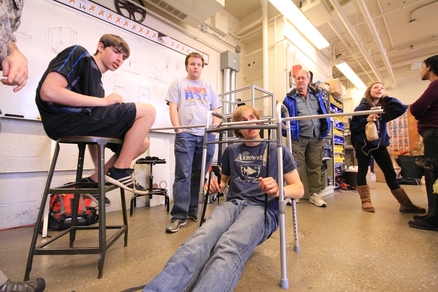 As part of the first Assistive Technologies Hackathon (AT Hack) held in the spring of 2014, a hackathon team works to prototype a "smart walker" to help a client with a mobility disability rise after a fall.