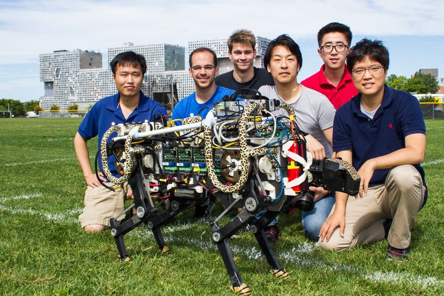 MIT cheetah-bot experiment in Briggs Field. (From left) Sehyuk Yim, Joao Luiz Almeida Souza Ramos, Wyatt L Ubellacker, Sangbae Kim, Xu Sun, and Hae Won Park.