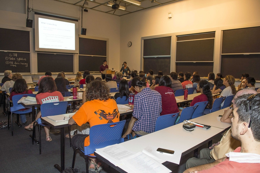 More than 50 MIT students attended the first class for 6.811 (Principles and Practice of Assistive Technology), led by co-instructors William Li and Grace Teo.
