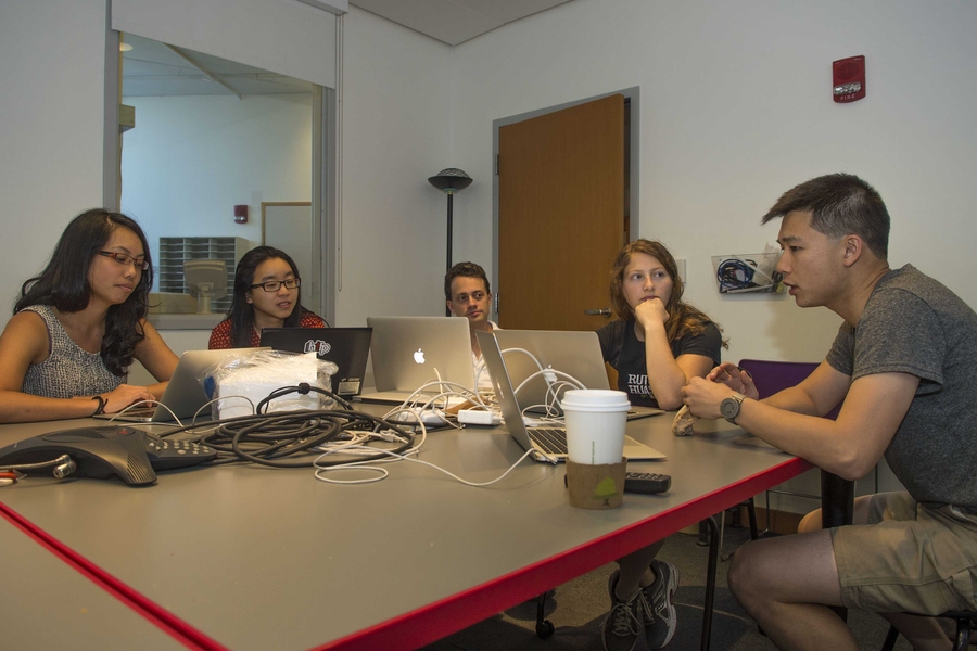 Instructors gather to plan the fourth offering of 6.811 (Principles and Practice of Assistive Technology). They include (left-right): Grace Teo, Michelle Chen, Professor Rob Miller, Abigail Klein, and William Li.
