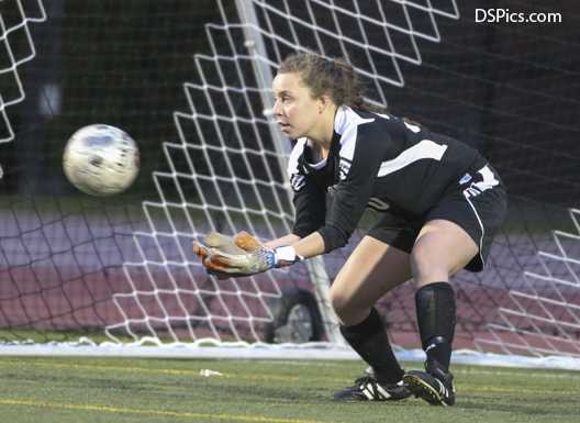 Goalkeeper Lauren Ullmann '17 in a win against Brandeis.