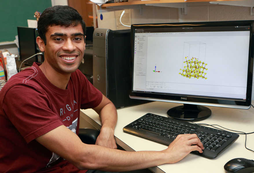 MIT graduate student Aravind Krishnamoorthy focuses on corrosion through iron sulfide films inside pipes for offshore oil fields. He is studying how hydrogen gets into the native protective layer of iron sulfide, how mechanical damage propagates through the film, and whether there are ways to make the surface films more stable and protective.