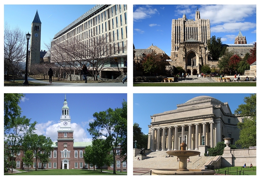 Pictured, clockwise from upper left, are libraries at Cornell University, Yale University, Columbia University, and Dartmouth College.