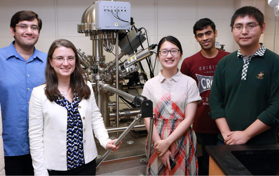 Members of the Laboratory for Electrochemical Interfaces at MIT include, from left, postdoc Mostafa Youssef, Associate Professor of Nuclear Science and Engineering Bilge Yildiz, and graduate students Lixin Sun, Aravind Krishnamoorthy, and Qiyang Lu. 