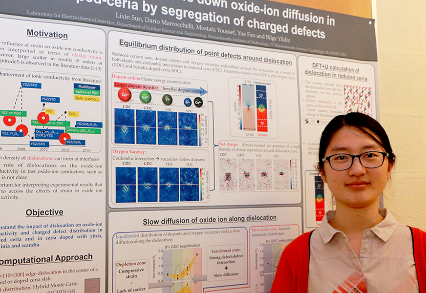 Graduate student Lixin Sun's goal is to identify whether dislocations accelerate or decelerate oxide ion transport in solid-state oxide thin-film electrolytes needed for fuel cells and other alternative energy uses. Sun performs computational modeling and says her research sheds new light on the role of strain in oxides and can help in the design of better material structures. 