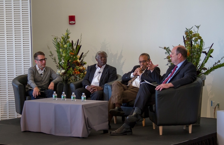 (Left to right): Tim Love, founding principal of Utile; Calestous Juma; Sanjay Sarma, director of digital learning at MIT; and Marty Schmidt.