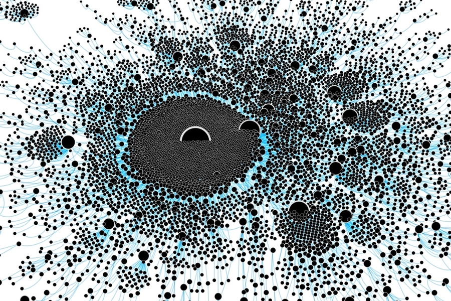 A graph of 15,000 nodes is organized to better reveal clusters. This graph was generated by a model of how messages travel through social networks.