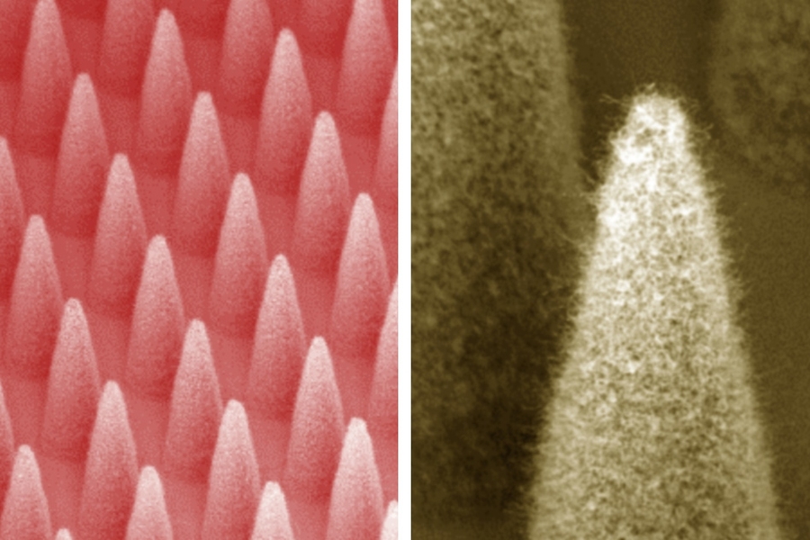 At left is a dense array of electrospray emitters (1,900 emitters in 1 centimeter square). At right is a close-up of a single emitter, covered by a forest of carbon nanotubes.