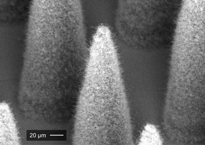 An electrospray emitter, which is covered by a conformal forest of carbon nanotubes.