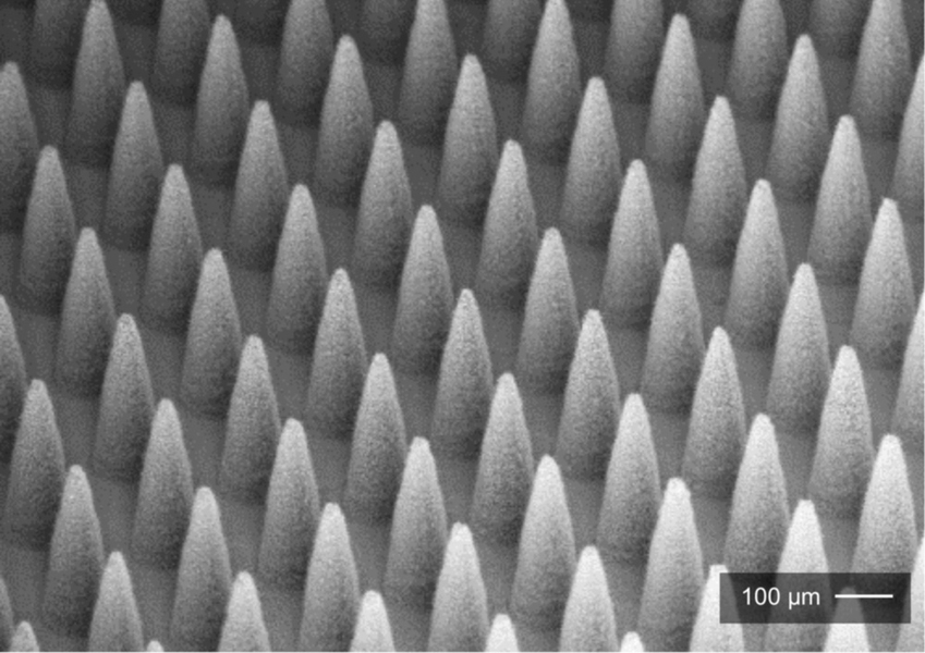 A dense array of electrospray emitters (1900 emitters in 1 centimeter square).