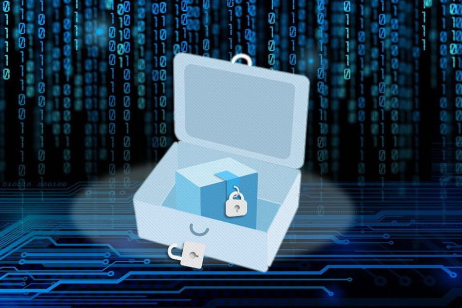 An open box, with a lock on it, holds a smaller box, closed and locked