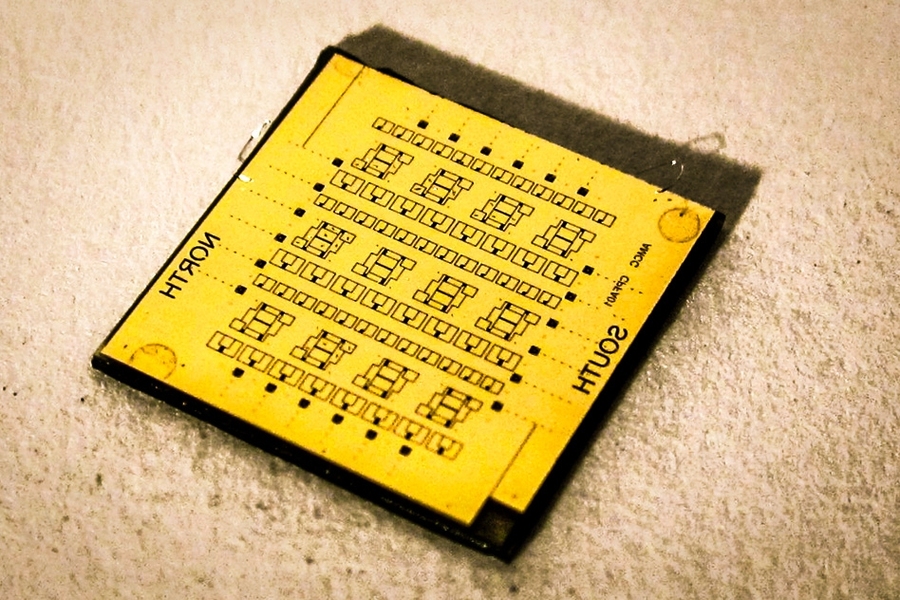 Shown here is a square-centimeter chip containing the nTron adder, which performed the first computation using the researchers' new superconducting circuit.