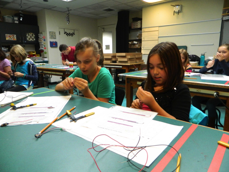 Students in Quizboards build electronic quizboards. Quizboards is an introduction to the concepts of open and closed circuits and to electrical components such as wire, resistors, LEDs, and a battery.
