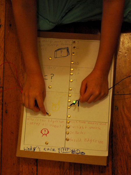 Quizboard of Lindy Bales, a student in the Quizboard class. The final question reads, “Who is the Edgerton Center all about? 1) Alice from Wonderland 2) Twilight Sparkle 3) Dr. Bales 4) Harold Edgerton."