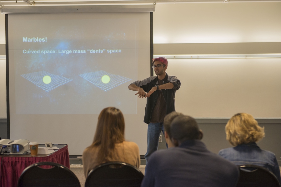 How should one speak about general relativity and how gravity works? Tej Kanwar, a senior in EECS, talks about marbles, something his high school audience can relate to.