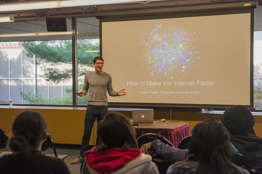 EECS junior Adam Eagle entertains and engages his audience of high school students at the 6.UAT fall presentations held Oct. 28 in the Student Center.
