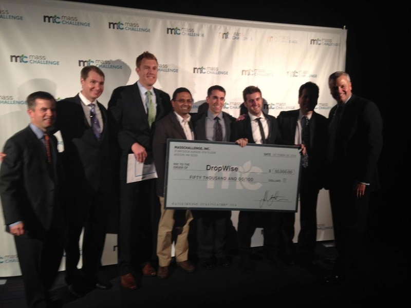 The DropWise team celebrates at the 2014 Mass Challenge. Missing from photo: Professor Karen Gleason.