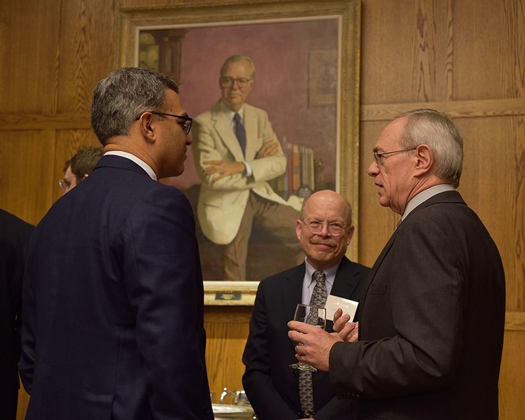 (Left to right) Vanu Bose; Christopher Terman, senior lecturer in the Department of Electrical Engineering and Computer Science; and MIT President L. Rafael Reif, at a reception honoring the recipients of the Prof. Amar G. Bose Research Grants.