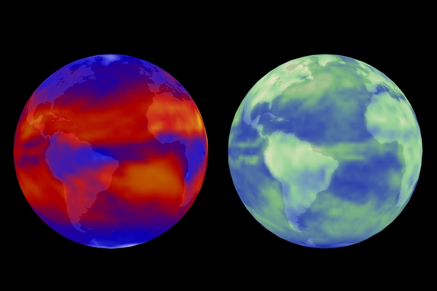 The image shows longwave radiation emitted to space from Earth's surface and atmosphere (left sphere) and shortwave solar radiation reflected back to space by the ocean, land, aerosols, and clouds (right sphere). 