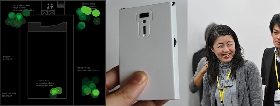 Collage of three images: anatomy of sociometric sensor device and its exterior, and a person smiling while wearing employee badge