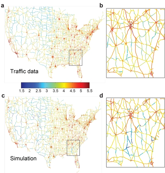 Actual data on traffic times through the U.S. highway system (a) and a closeup view of one region (b) are compared with comparable data obtained through the simulation system devised by the researchers (c and d), showing a good agreement between the two.