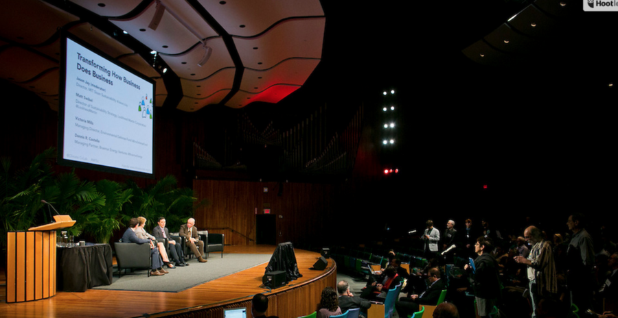A plenary session on climate change and the private sector featured Matthew Swibel, director of sustainability strategy at Lockheed Martin; Victoria Mills, managing director of the Environmental Defense Fund; Dennis R. Costello, managing partner at Braemar Energy Ventures; and was moderated by Jason Jay, director of MIT Sloan Sustainability.