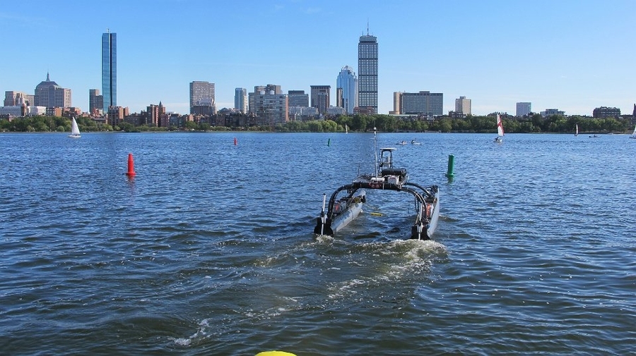 The MIT-Olin team's unmanned surface vehicle sank during tests on the Charles River, but was reconfigured and ultimately won the Maritime RobotX Challenge.