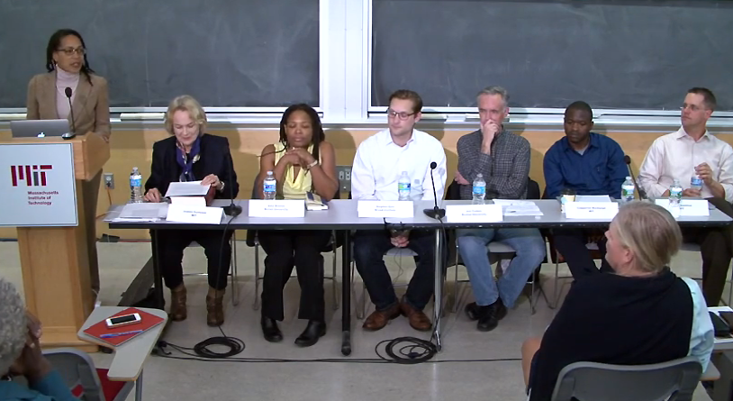 Erica James (far left), professor of anthropology and lead for the new MIT Global Health and Medical Humanities Initiative, moderated the initiative's debut event, "Examining Ebola."