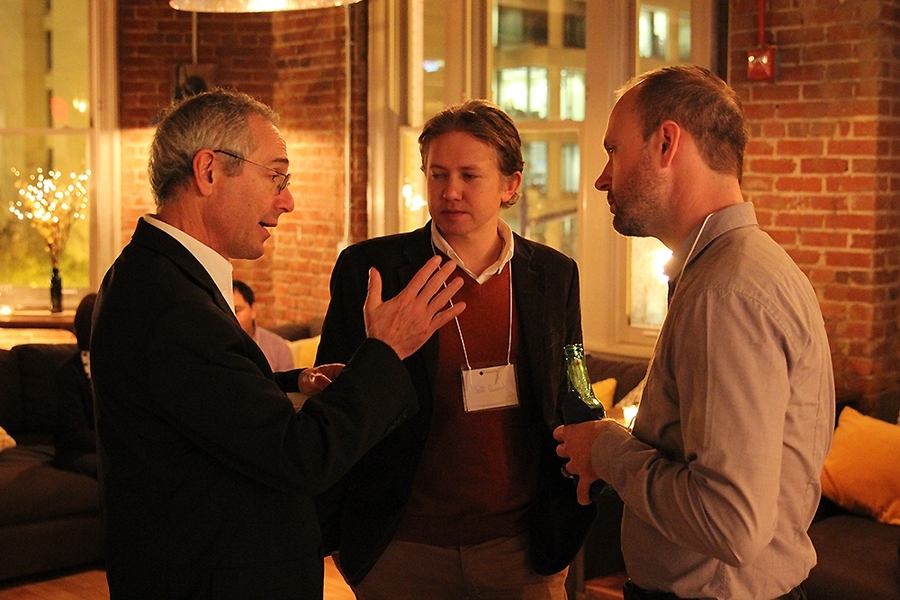 Thomas Insel (left) converses with Jeffrey Gavornik (center) and another DECODE awardee, Garret Stuber of the University of North Carolina at Chapel Hill.