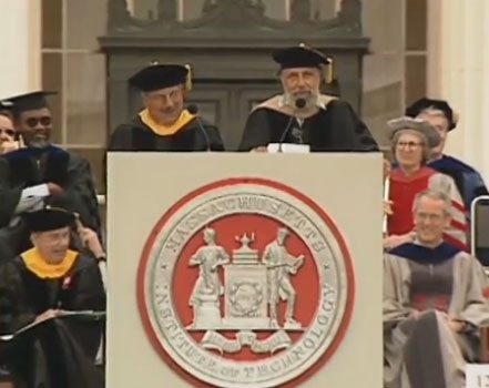 Video still from the Magliozzi brothers' <a href=http://techtv.mit.edu/videos/30309-tom-and-ray-magliozzi-speak-at-mit-commencement-1999>1999 MIT Commencement speech</a>. 