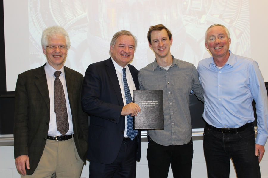 Left to right: Professor Richard Lester, head of the Department of Nuclear Science and Engineering; James Del Favero SM '84; Zach Hartwig PhD '14; Professor Dennis Whyte, the newly-appointed director of the Plasma Science and Fusion Center