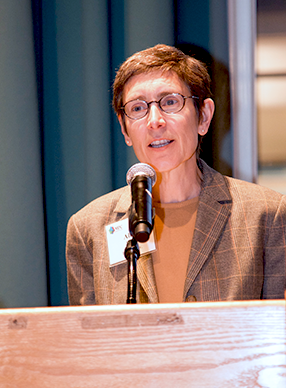 Alice White, MPC external advisory board chair, announces poster session awards at the Materials Day poster session on Oct. 21, hosted by the Materials Processing Center at MIT, where 66 posters were presented. White is professor and chair of mechanical engineering at Boston University.
