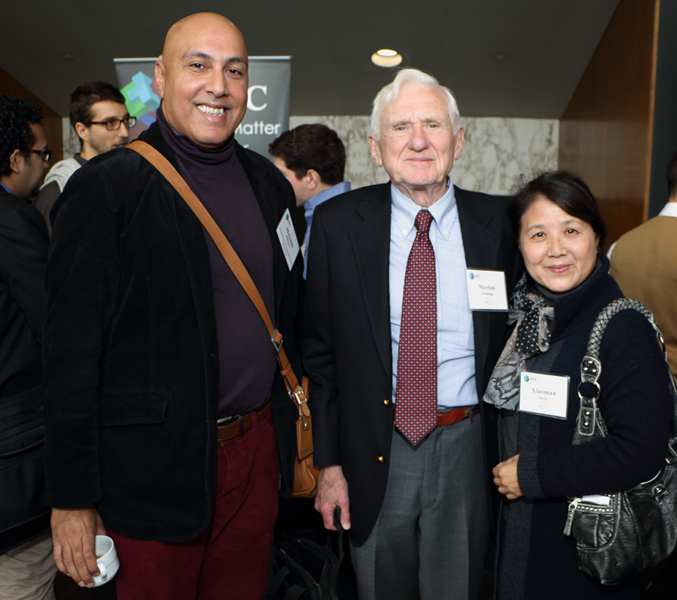 SunEdison Semiconductor Chief Scientist Mayank Bulsara, Materials Processing Center founder and Professor Emeritus Merton Flemings, and Electronic Materials Research Group (EMAT) at MIT Research Associate Xiaoman Duan spoke during a break at the Materials Day Symposium on Oct. 21.