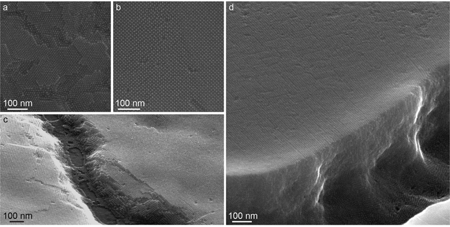 Chemical engineering graduate student Mark Weidman characterized the superlattice formation of lead sulfide (PbS) nanocrystals. SEM micrographs of spin-coated quantum dot (QD) films made from the large diameter QDs show (from top left), a) top-view of an exposed BCC (110) plane; b) top-view of an exposed BCC (100) plane; c) film with discontinuity showing the average thickness of approximately 15 ...