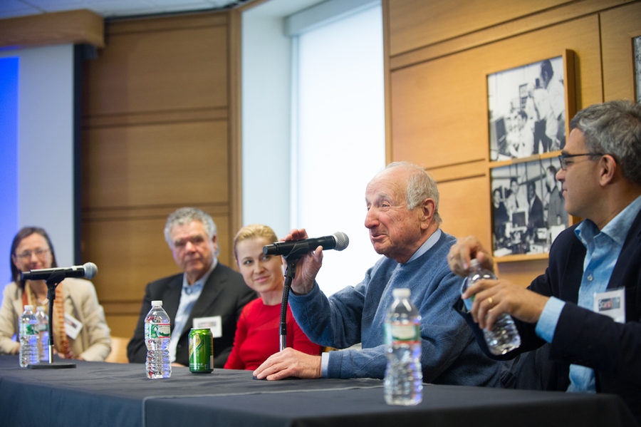 Members of the Entrepreneurship Paths included (l-r): Sophie Vandebroek, chief technology officer at Xerox; Roger Marino, co-founder of EMC; Erika Ebbel Angle, founder and executive chairman of the board at Counterpoint Health Solutions; Bernard Gordon, a leader at Epsco Inc., Analogic Corp., and NeuroLogica Corp.; and Vanu Bose, president and CEO of Vanu, Inc. 