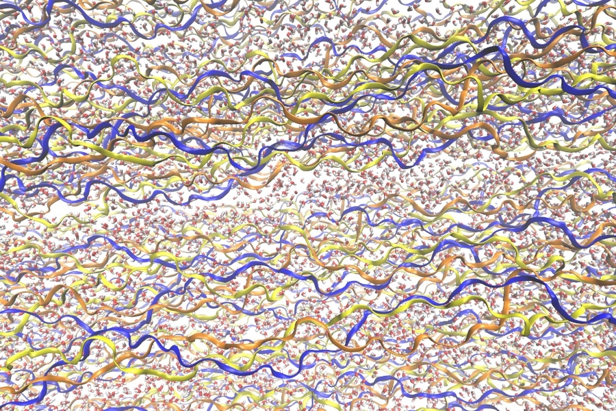 Illustrations depict the collagen fibrils, with their triple-helix structure, surrounded by water molecules. The three different chains of the triple helix are depicted in different colors. Water molecules are shown in red and gray.
