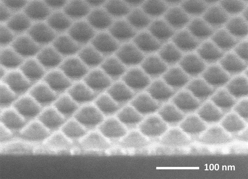 Magnetic tunnel junctions hidden under cones of tungsten used as an etch mask. The tunnel junctions were made from a film deposited by Weigang Wang’s group at the University of Arizona, and patterned using self-assembled block copolymer lithography in Professor Caroline Ross’ group.
