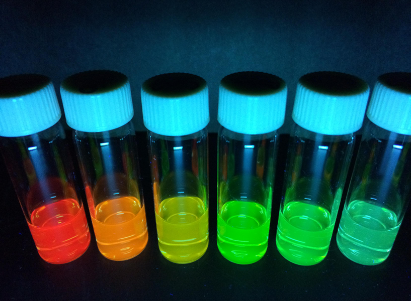 An array of different-sized quantum dots that display different colors.