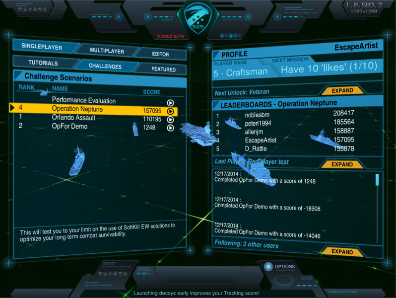 In "Strike Group Defender," players have a choice of scenarios to which they can respond. The various scenarios test different skills and concepts. Players also choose whether to act as an individual or team.
