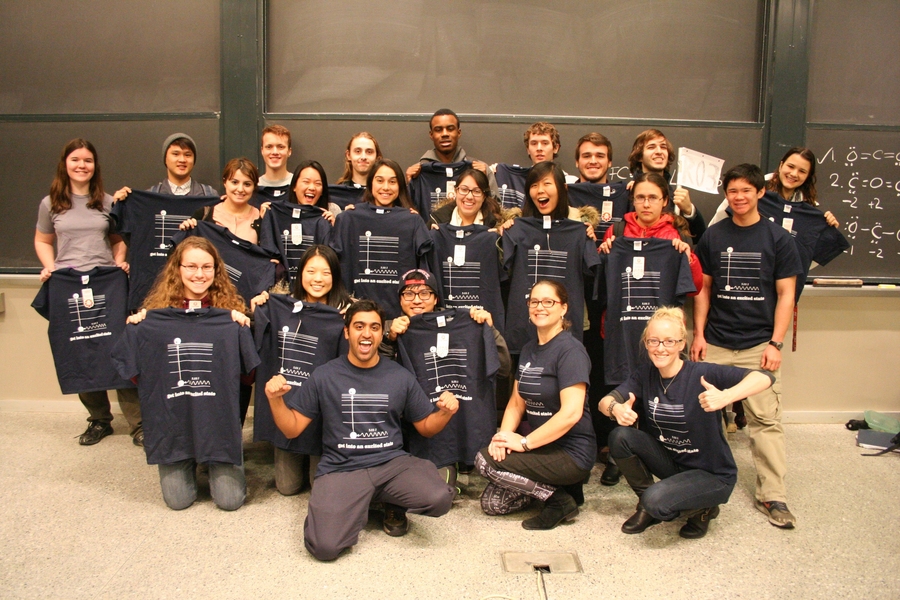 To the victors goes the T-shirts: 5.111 recitation team R03 pictured with their TA, Sanjay Prakadan (front), Professor Cathy Drennan (second row, second-from-right), and course coordinator Allena Goren (second row, far right).