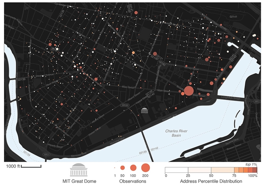 Mapping the entrepreneurial quality in the MIT ecosystem by addresses for ZIP codes 02139, 02141, and 02142. Each address with at least one startup is represented by a circle whose radius is proportional to the number of business registrants; the color is determined by the average level of entrepreneurial quality in that address.