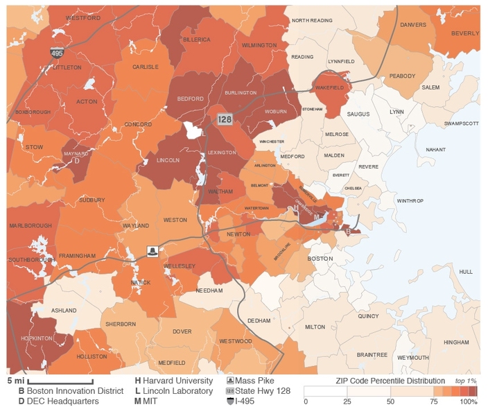 A map of estimated entrepreneurial quality by ZIP code in the Boston metro area. Cambridge's Kendall Square (02142), adjoining MIT, registers the highest level of quality, followed by the area associated with Harvard Business School (02163). Other notable areas of entrepreneurial quality include the Boston Innovation District (02210), the Route 128 corridor surrounding Lincoln Laboratories, and t...