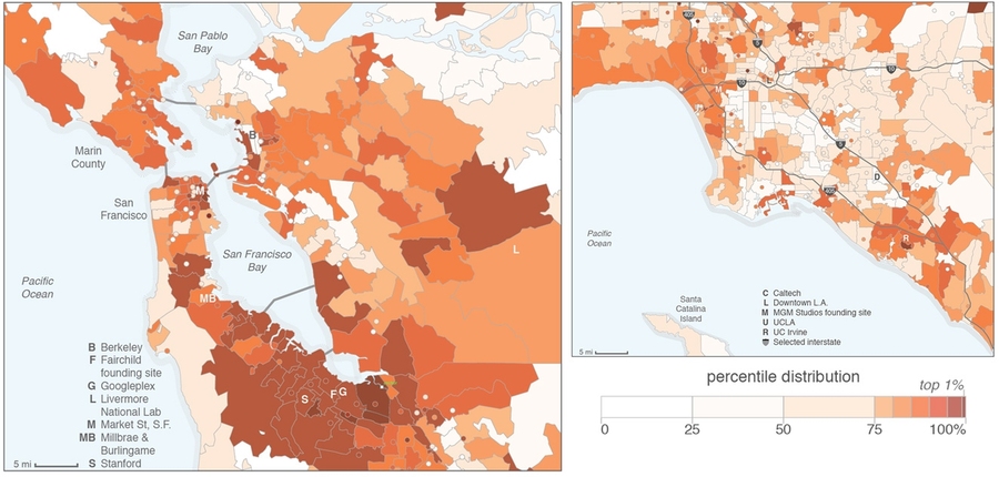 Mapping estimated entrepreneurial quality by ZIP code in the San Francisco Bay Area (left). Dots indicate single-address ZIP codes. The quality of entrepreneurial activity is higher in the area that ranges just north of San Jose through San Francisco, with a contiguous mass of intense entrepreneurial quality from Milpitas through South San Francisco. In contrast, the Los Angeles region (right) has...