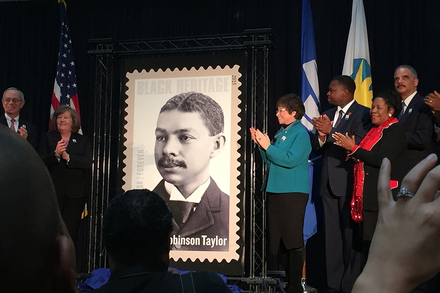 MIT President L. Rafael Reif (far left) took part in the official unveiling of the Robert Taylor postage stamp at the Smithsonian National Postal Museum. “Robert Robinson Taylor truly represents the best of MIT,” he said.