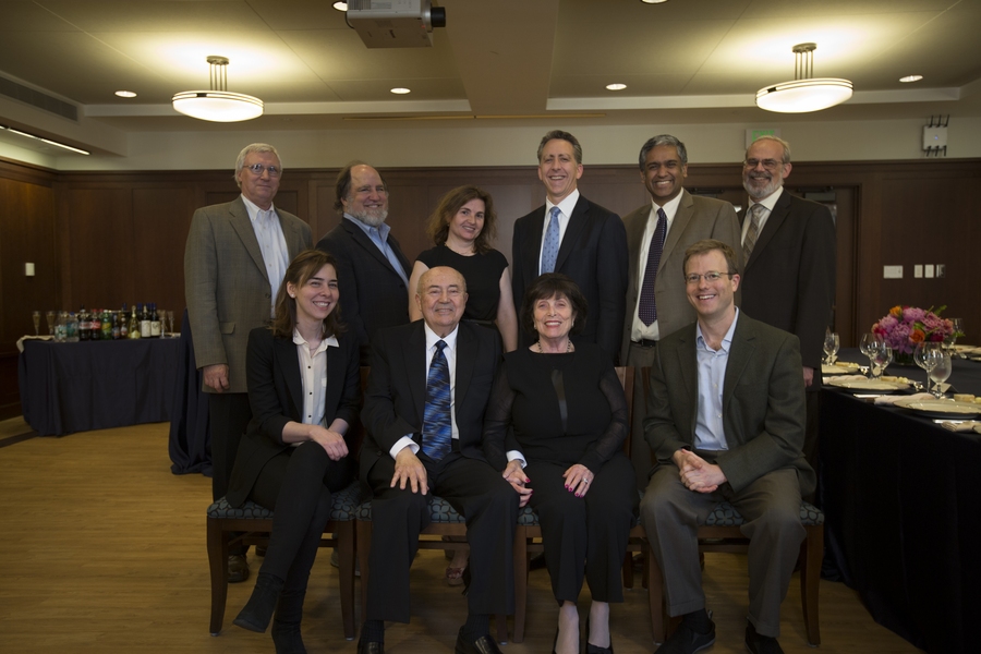 Andrew and Erna Viterbi attended a dinner at MIT last year to celebrate faculty who have held or are holding Viterbi chairs. Seated (l-r): Viterbi Professor Dina Katabi, Andrew Viterbi, Erna Viterbi, Viterbi Professor Scott Manalis. Standing (l-r): Douglas Lauffenburger, head of the Department of Biological Engineering; Ronald Rivest, who held the first Viterbi Professorship; Viterbi Professor Dan...