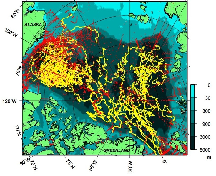 This figure shows ITP (yellow) and ship/aircraft (red) locations in the Arctic from 2004 to 2014. There were approximately 60,000 profiles obtained with ITPs versus 19,000 by manned ships and aircraft. 