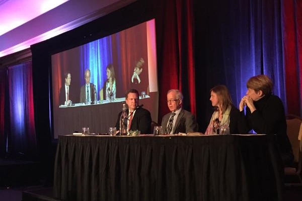 A concluding panel discussion at the Energy Conference featured (from left) MIT alumnus David Danielson PhD ’08, who was the founder of MIT’s Energy Club and of the Energy Conference, and is now assistant secretary of energy; Ronald Prinn, the Tepco Professor of Atmospheric Physics and director of MIT’s Center for Global Change Science; Elizabeth Wayman, director of the Department of Energy'...