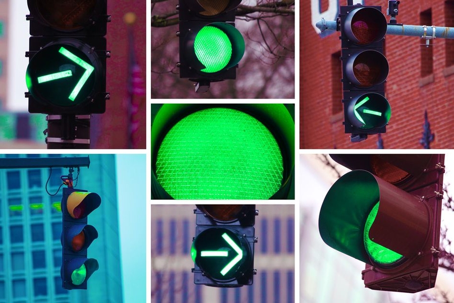 Collage of photos with traffic lights and "turn" arrow signals