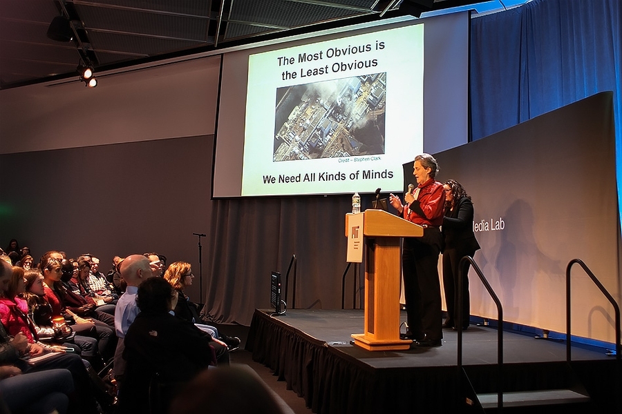 Temple Grandin speaks to a capacity crowd at the MIT Media Lab.