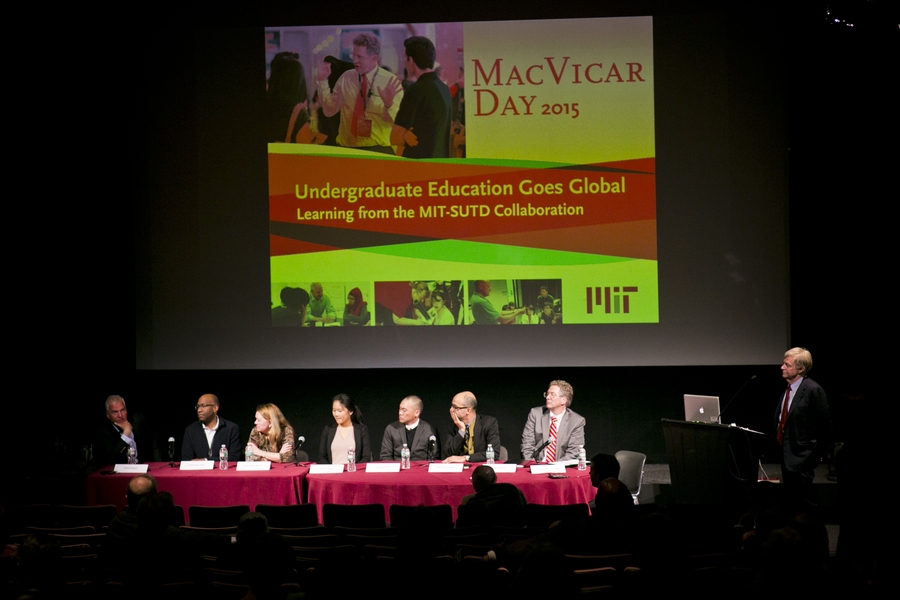 MacVicar Day panel (l-r): Chris Kaiser, Lawrence Sass, Diana Henderson, Karen Hao, Samson Lim, John Fernandez, and John Brisson. Standing: Dennis Freeman